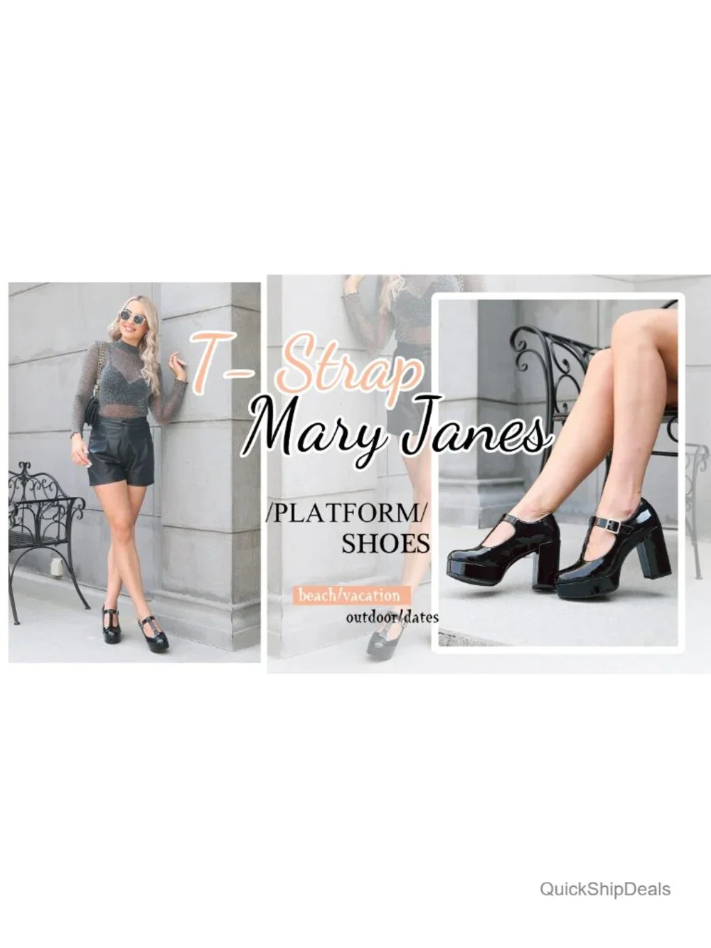 T-Strap Round Toe Chunky Platform Heels Patent Mary Jane Dress Shoes
